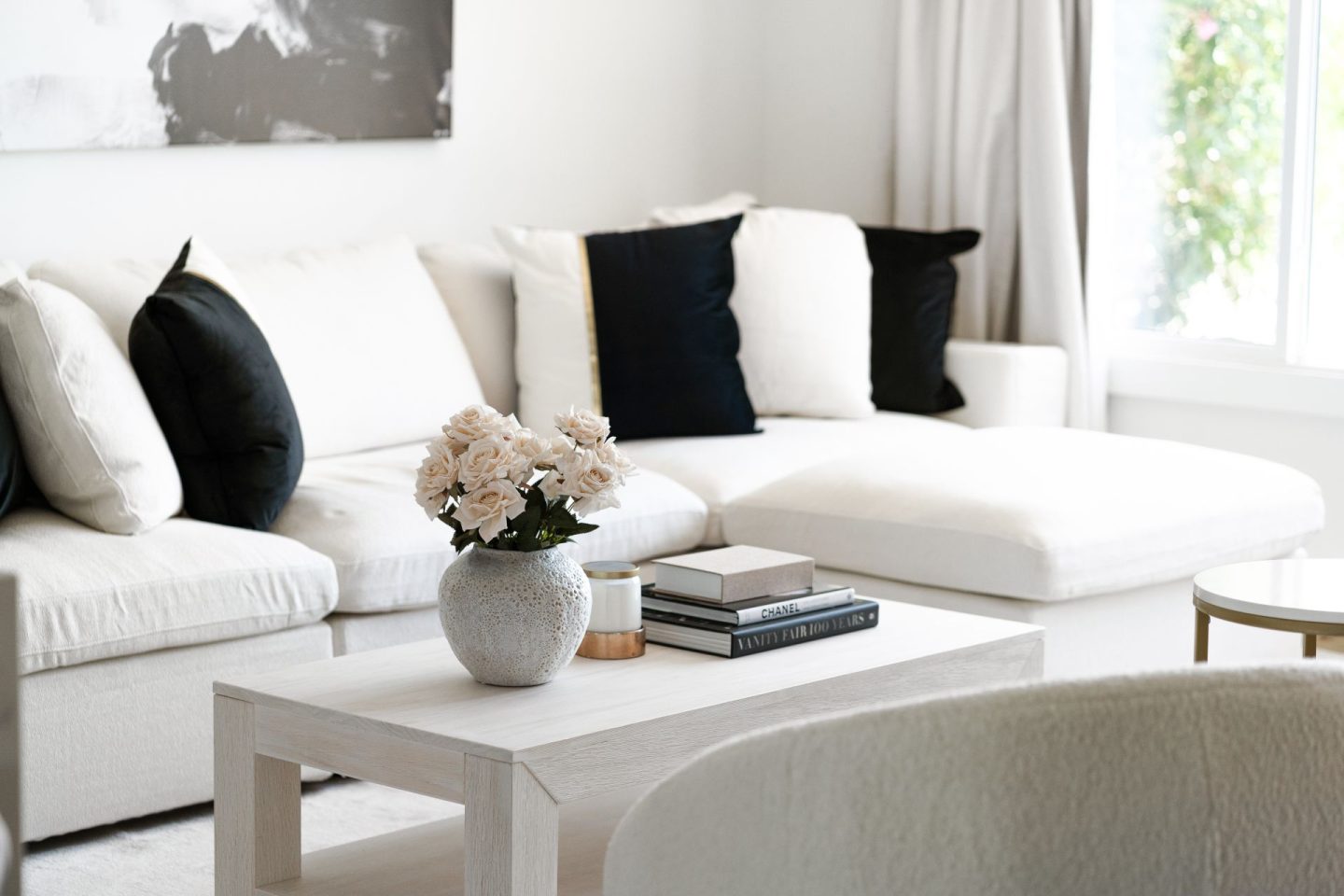 Chic Living Room Furniture, Neutral Minimalist Décor, Ivory Sectional Sofa, Boucle Accent Chairs, Black and White Color Palette, Sophisticated Home Furnishings, Modern Living Room Design, Timeless Interior Décor, Elegant Home Accessories, Comfortable Lounge Furniture, Chic, neutral, minimal, ivory sectional, boucle chairs, black and white color palette, sophisticated, elegant, contemporary, cozy, timeless, stylish, comfortable, minimalist, chic, Chic Neutral Living Room, living room aesthetic, black and white living room aesthetic, minimal living room, stay at starlight scottsdale, Jennifer Worman