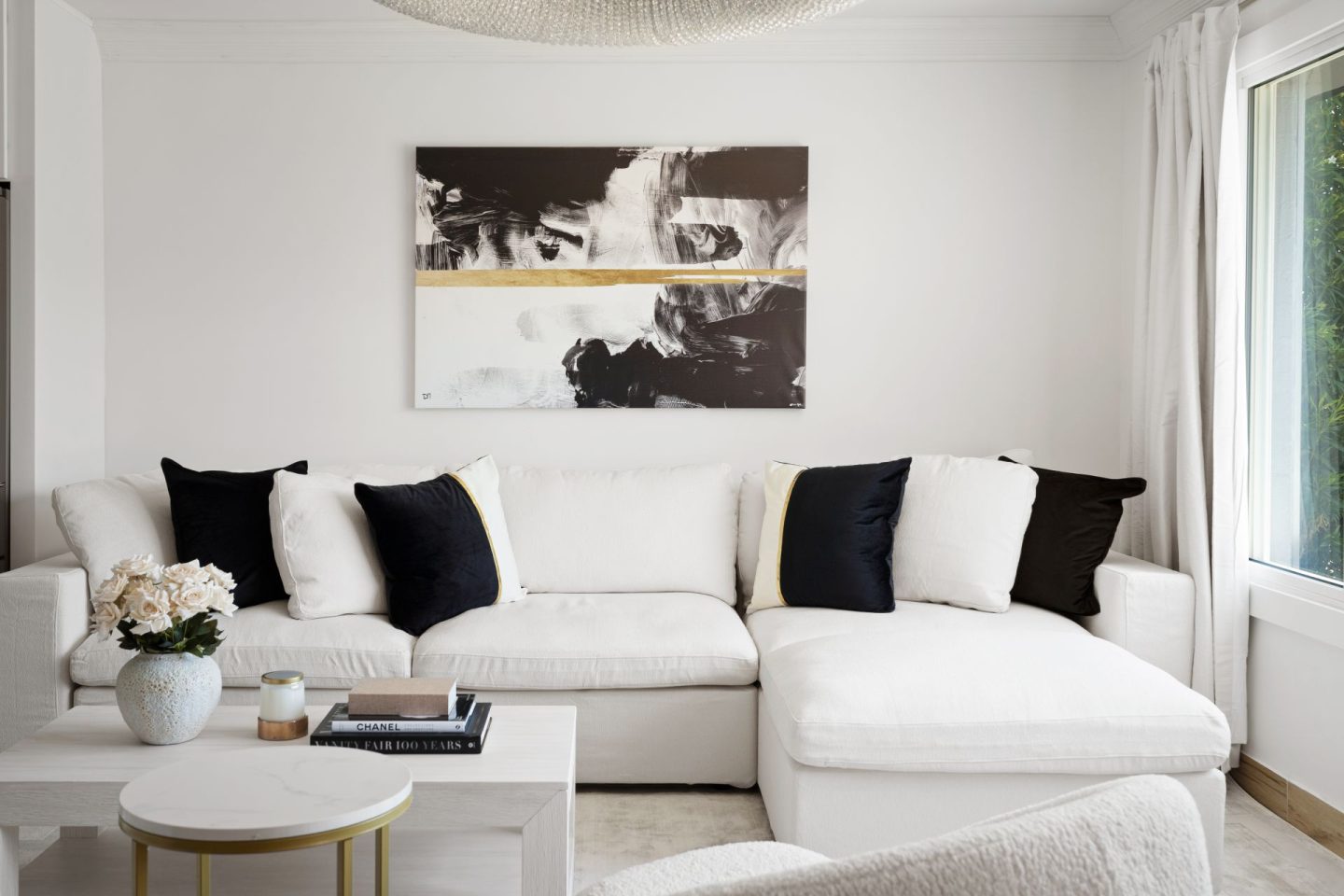 Chic Living Room Furniture, Neutral Minimalist Décor, Ivory Sectional Sofa, Boucle Accent Chairs, Black and White Color Palette, Sophisticated Home Furnishings, Modern Living Room Design, Timeless Interior Décor, Elegant Home Accessories, Comfortable Lounge Furniture, Chic, neutral, minimal, ivory sectional, boucle chairs, black and white color palette, sophisticated, elegant, contemporary, cozy, timeless, stylish, comfortable, minimalist, chic, Chic Neutral Living Room, living room aesthetic, black and white living room aesthetic, minimal living room, stay at starlight scottsdale, Jennifer Worman